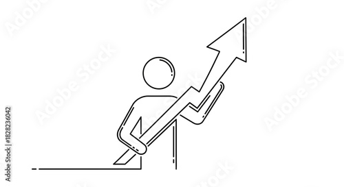 A simple line drawing of a person holding an upward trending arrow representing growth and success.
