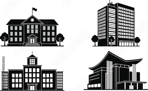 Collection of modern and traditional building silhouettes, architectural landmark icons, school, office tower, and cultural structure design for real estate.