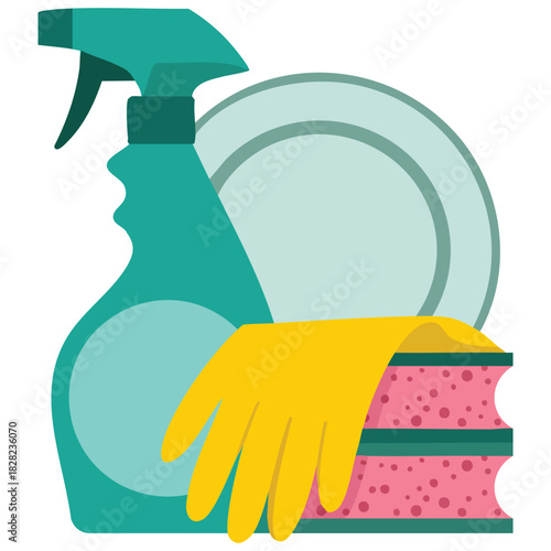 Spray bottle bucket and dish sponge spring cleaning tools vector illustration