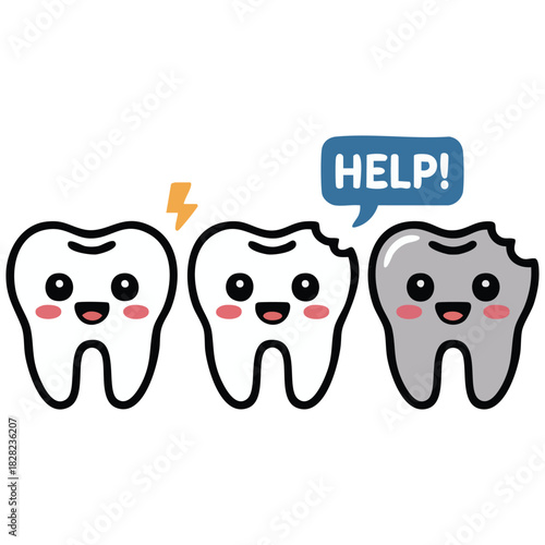 Several kawaii teeth together healthy and aching tooth dental care concept