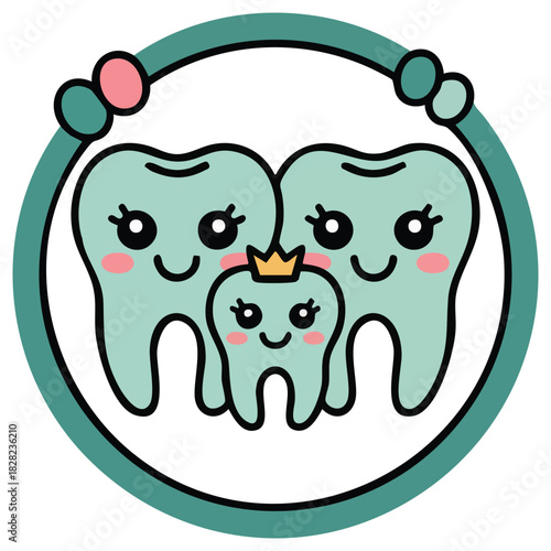 Cute kawaii teeth family cartoon characters for family dentistry concept