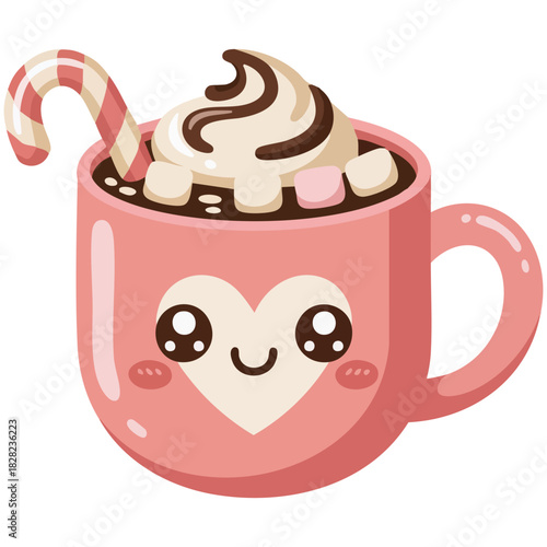 Cute Christmas cup with hot beverage and candy cane kawaii vector icon
