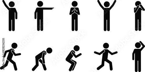 Collection of stick figure poses showing emotions and actions including waving, pointing, praying, cheering, crying, running, bending, squatting and thinking