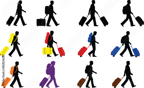 Collection of traveler silhouettes walking with rolling suitcases and backpacks, representing tourism, journey, airport transportation, vacation travel and modern commuting