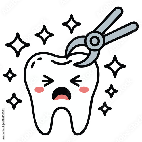 Kawaii tooth character with dental problems and extraction treatment concept