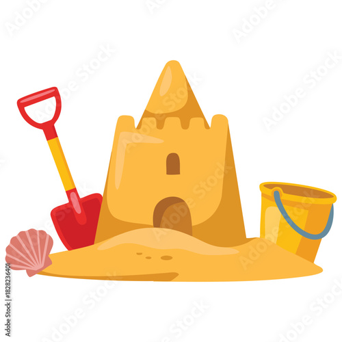 Beach sandcastle childhood building activity vector illustration