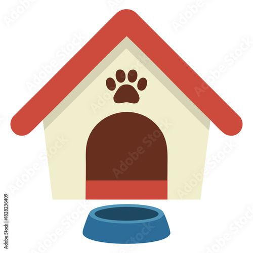 Pet dog house with food bowl toys and bone vector illustration