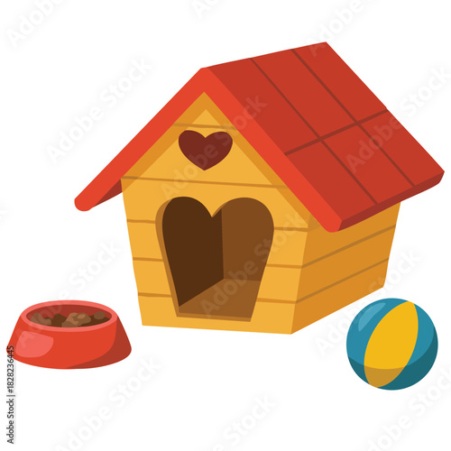 Dog shelter with food bowl playing balls bone vector illustration