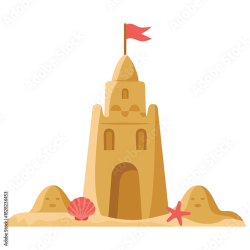 Sandcastle building on seaside childhood hobby vector illustration