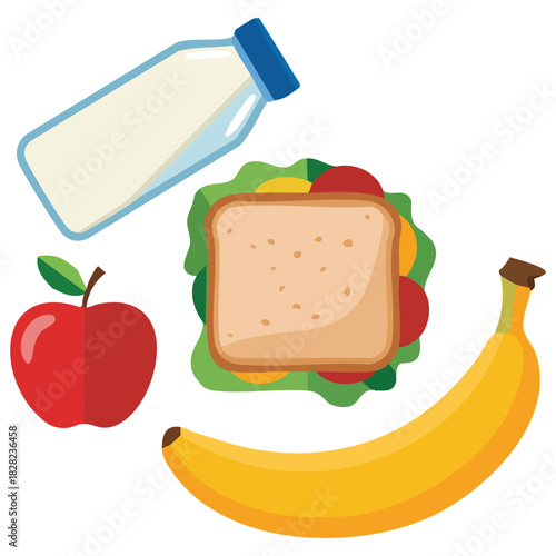 Brown paper lunch bag with juice apple sandwich recycle vector