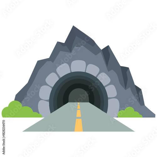 Cartoon road going through mountain tunnel vector illustration