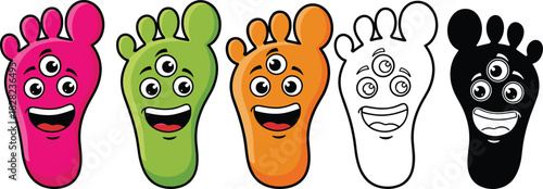 Colorful cartoon monster feet characters with multiple eyes, funny smiling expressions, playful fantasy design icons in bright cute illustration style
