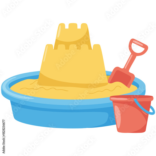 Beach sandbox with standing sandcastle white background vector