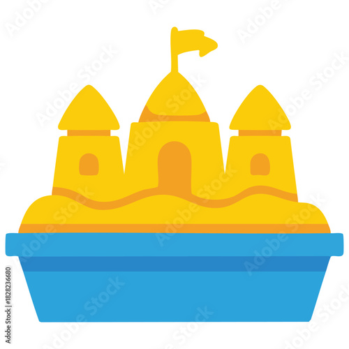 Sandbox with sandcastle standing on beach white background