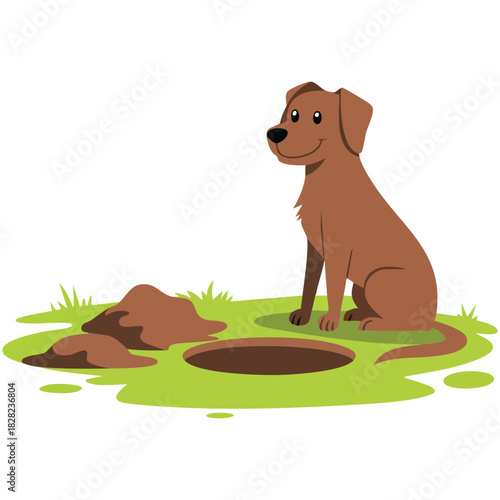 Funny dog digging big pit in sand flat vector illustration