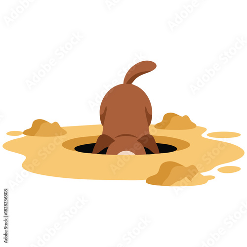 Amusing dog digging big sand hole flat vector illustration