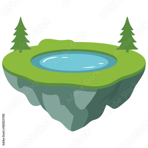 Fantasy floating island with green plants and trees isolated vector illustration on white background