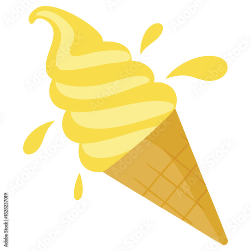 Melting dessert ice cream cone cartoon illustration with dripping treat isolated vector illustration on white background