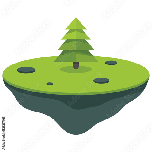 Cartoon floating island with lush greenery and vegetation isolated vector illustration on white background