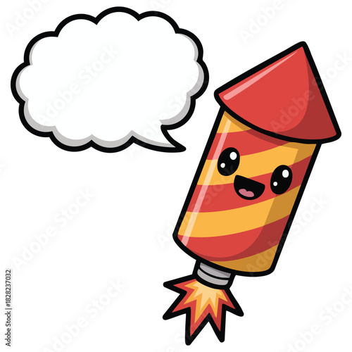 Festive cartoon firework display with conversation bubble isolated vector illustration on white background