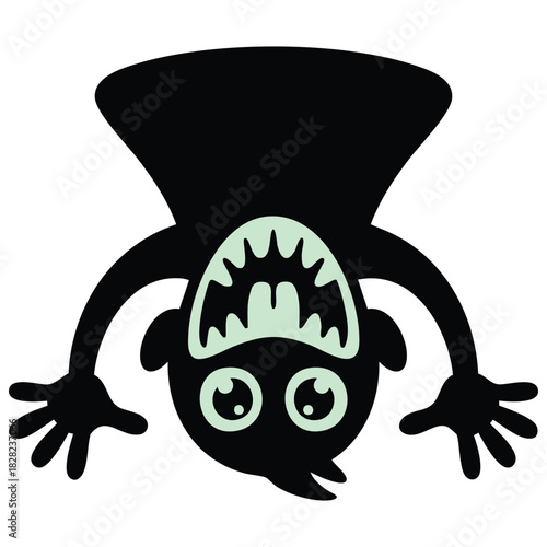 Screaming monster head silhouette with eyes teeth tongue hands hanging upside down isolated vector illustration on white background