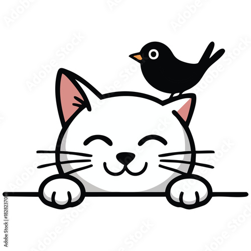 Singing cat silhouette with bird perched on head and flying music notes isolated vector illustration on white background