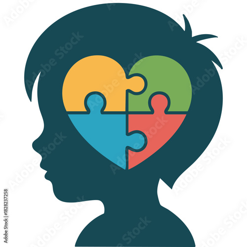 Autism awareness day child with puzzle pieces in head isolated vector illustration on white background