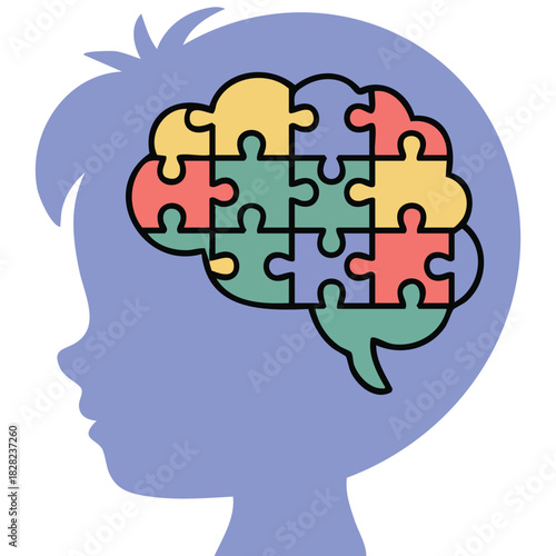 Neurodiversity awareness child with puzzle pieces in mind isolated vector illustration on white background