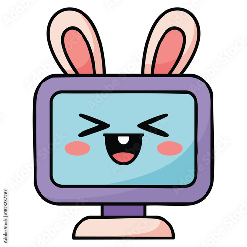 Joyful computer screen with cute kawaii character face isolated vector illustration on white background