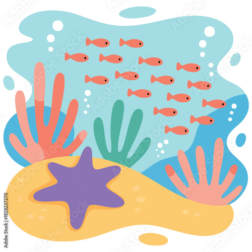 Marine life with tropical fish in coral reef environment isolated vector illustration on white background