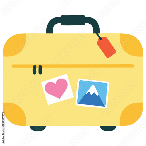 Modern luggage suitcase with travel tags and decorative stickers isolated vector illustration on white background