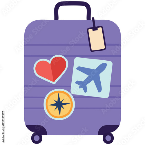 Travel suitcase illustration with tags stickers modern luggage design isolated vector illustration on white background