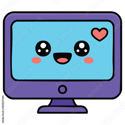 Kawaii cartoon computer monitor with happy face display isolated vector illustration on white background