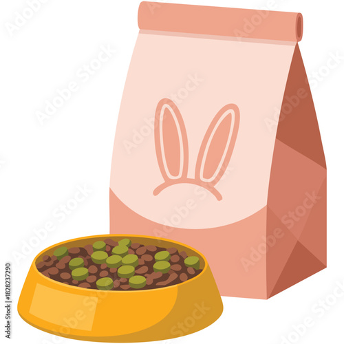 Rabbit pet food bag and feeding dish for bunny care isolated vector illustration on white background