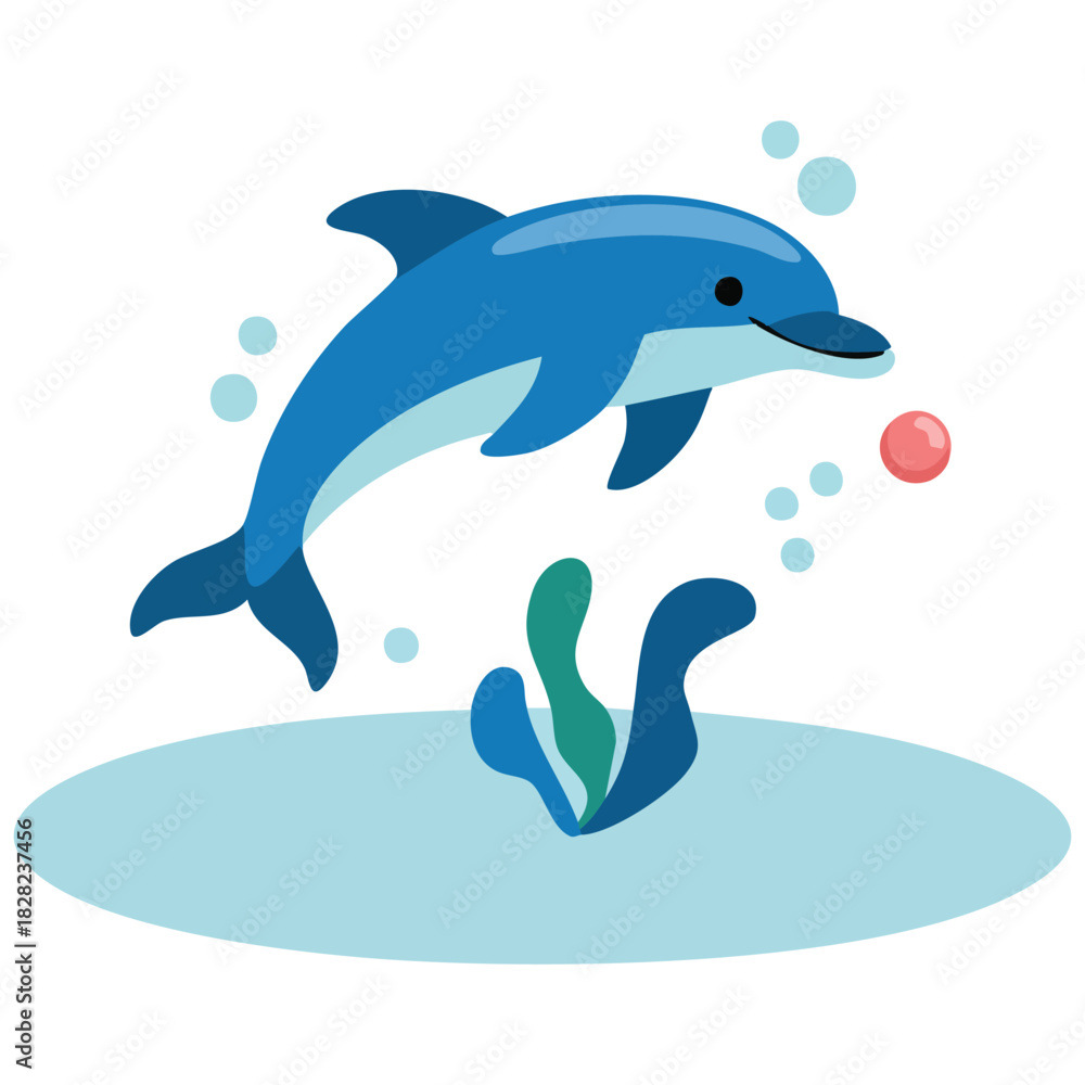 Fototapeta premium Cartoon standing dolphin fun character on white background isolated vector illustration on white background