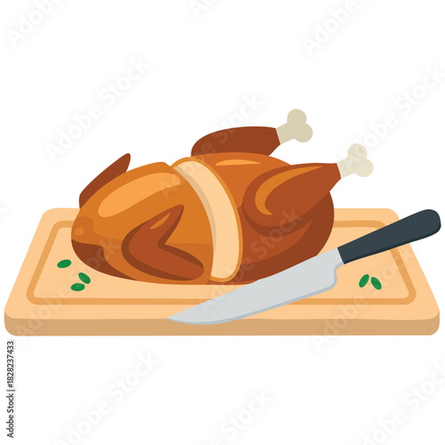 Oven baked turkey on wooden board with garlic and parsley isolated vector illustration on white background