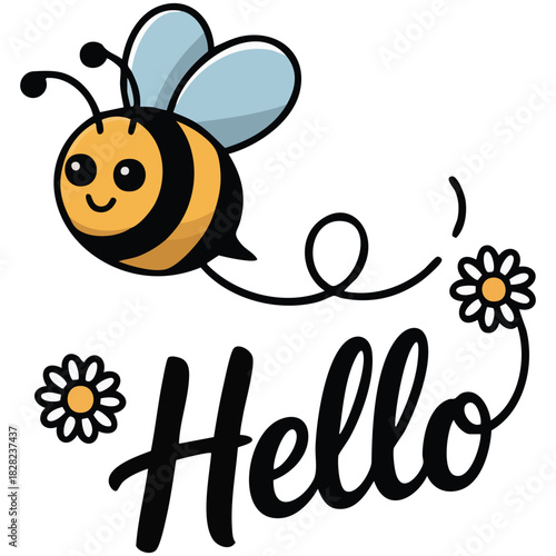 Cartoon bee with daisy blossom and cursive lettering isolated vector illustration on white background