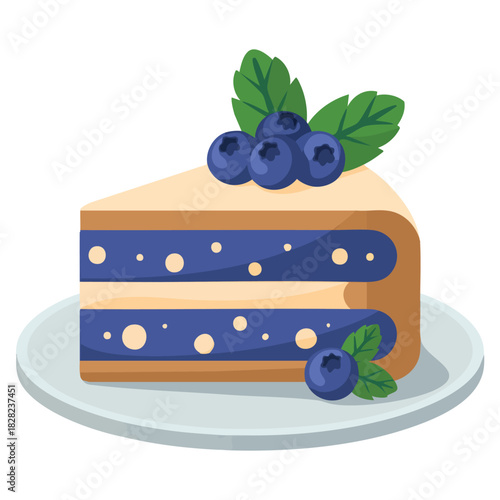 Chocolate cake slice with cream and berry decoration isolated vector illustration on white background