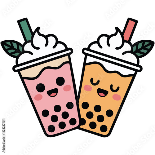 Bubble milk green tea cup icon with tea leaves isolated vector illustration on white background