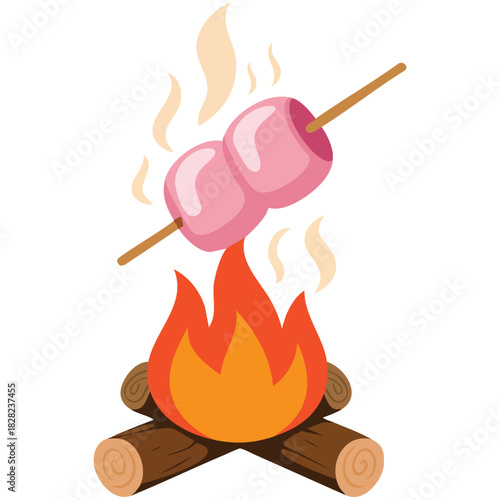 Campfire marshmallow roasting on stick over flames isolated vector illustration on white background