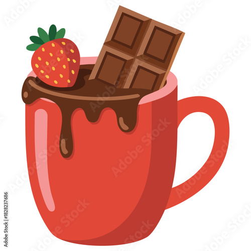 Hot chocolate in red mug with strawberry garnish isolated vector illustration on white background