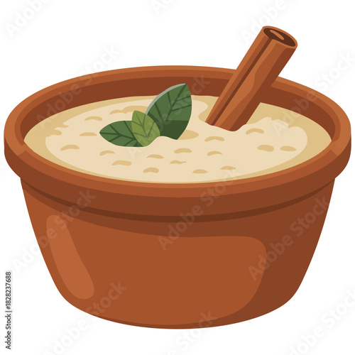 Rice milk pudding with cinnamon and lemon peel cuban dessert isolated vector illustration on white background