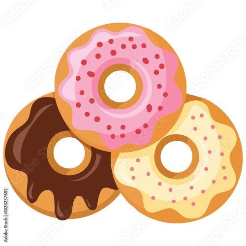 Assorted glazed donuts flat design icons isolated vector illustration on white background