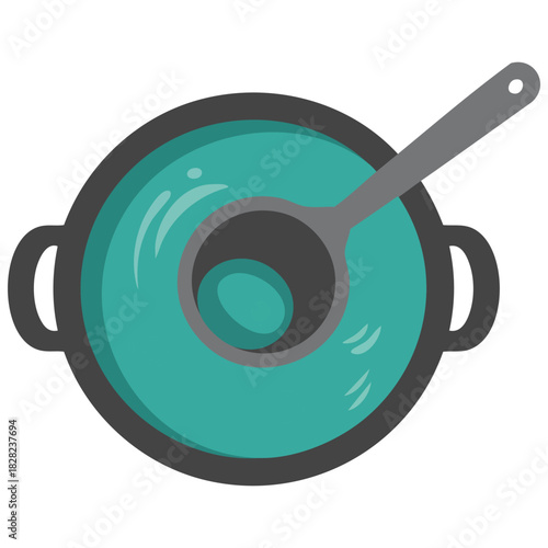 Cooking ladle pouring water into saucepan isolated vector illustration on white background