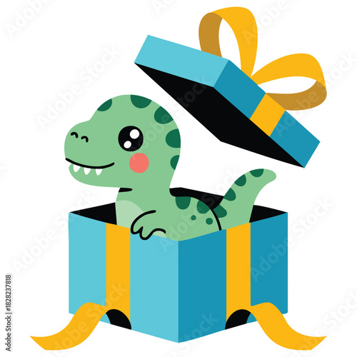 Surprised dinosaur in gift box cartoon character isolated vector illustration on white background