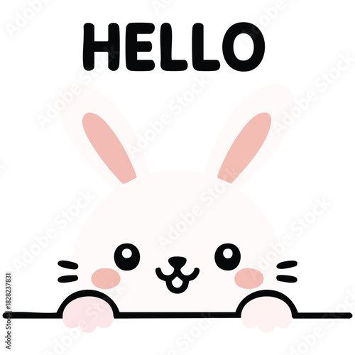 Bunny rabbit with chin on foot hello text greeting isolated vector illustration on white background