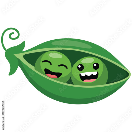 Cute little cartoon emoji green peas in pod isolated vector illustration on white background