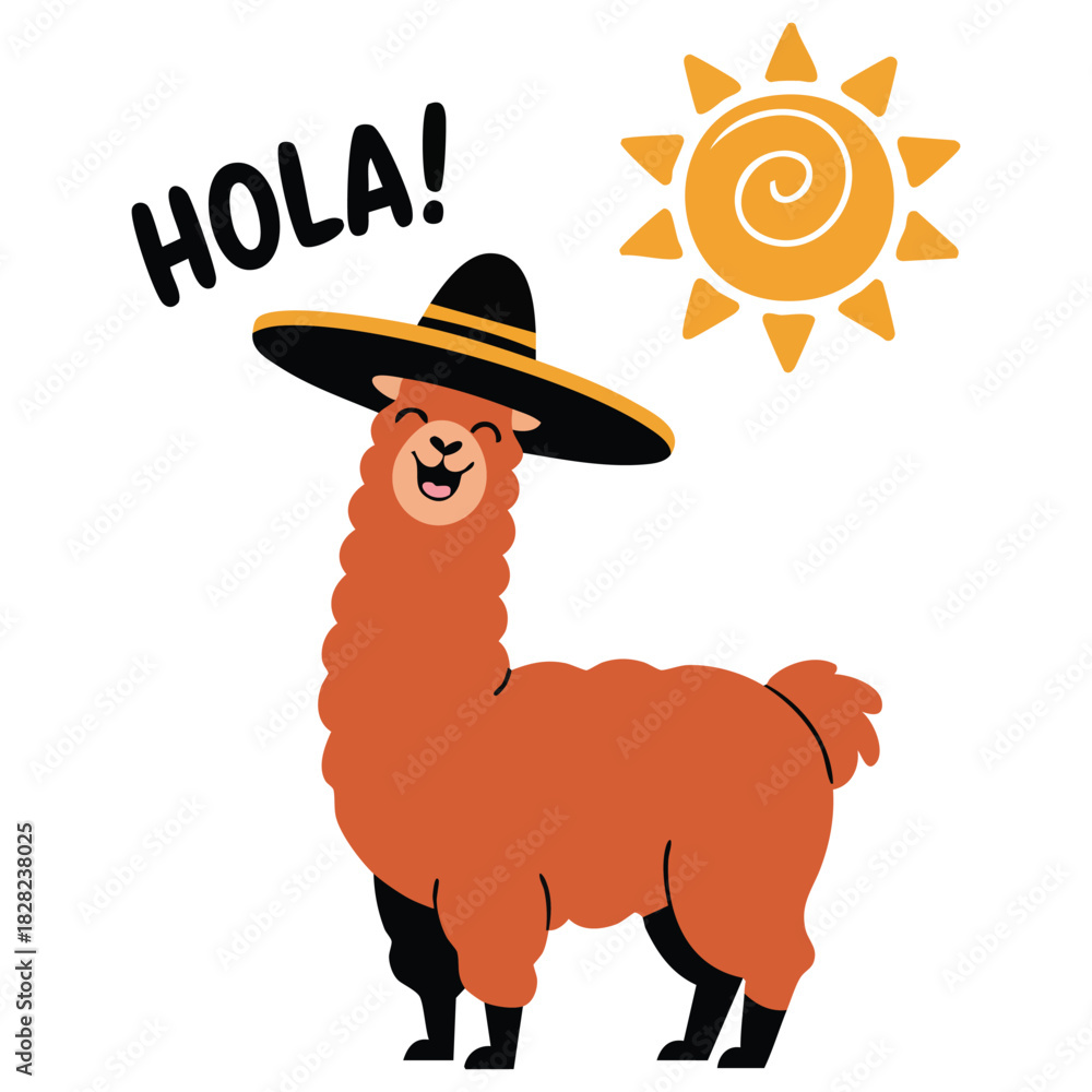 Naklejka premium Cute llama in mexican sombrero with hola text isolated vector illustration on white background