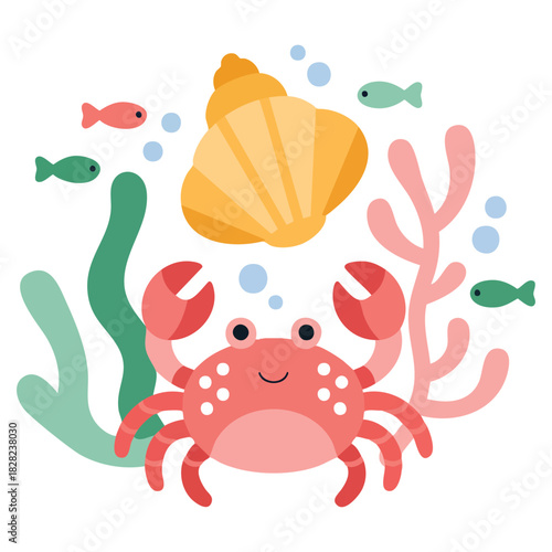 Cute crab in circle surrounded by sea items isolated vector illustration on white background