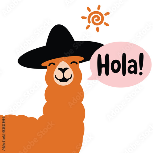 Spanish hola greeting with cute llama in sombrero isolated vector illustration on white background